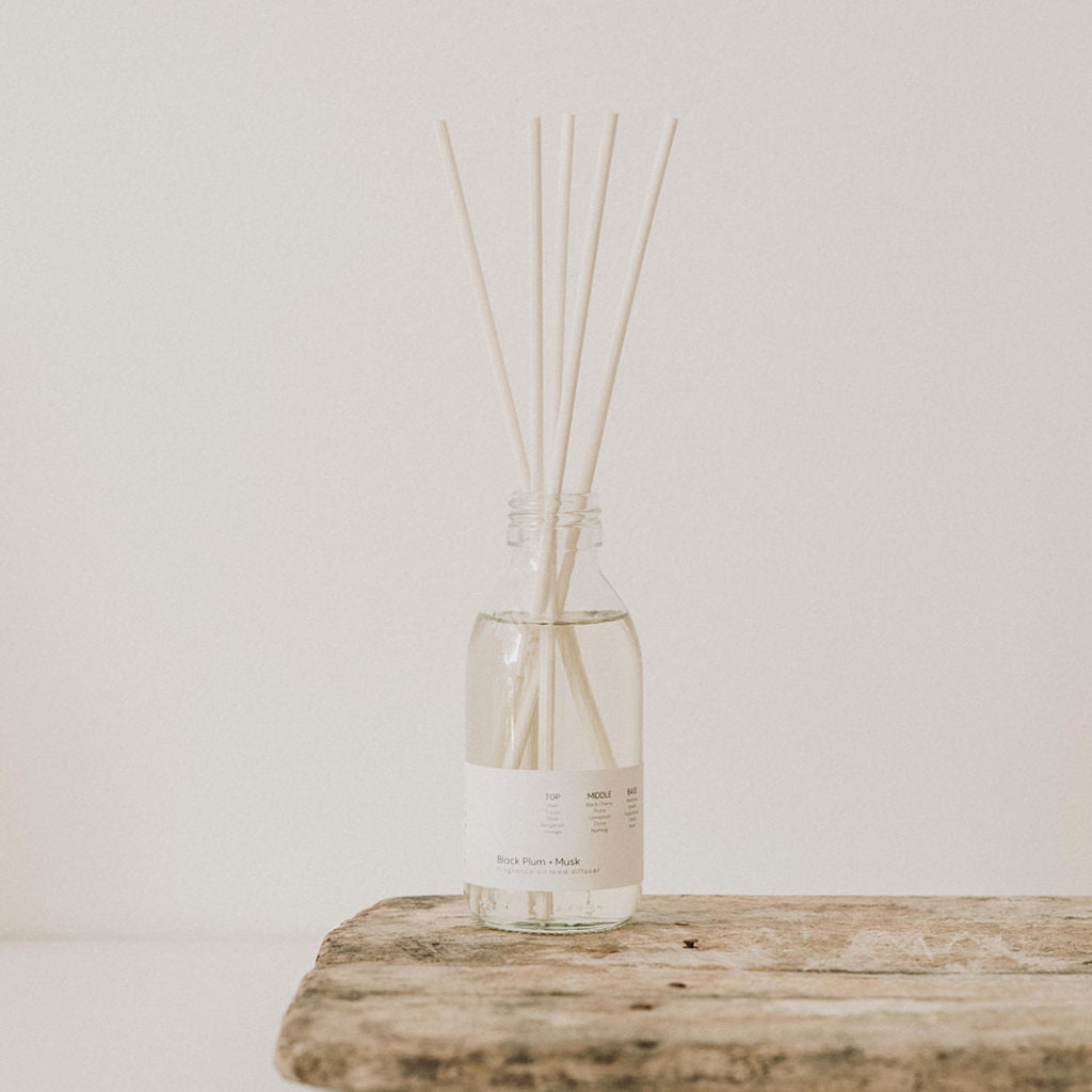 Black Plum + Musk Natural Reed Diffuser, Handmade Vegan & Cruelty Free