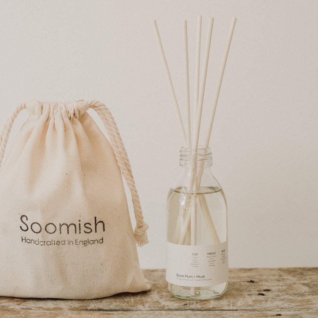 Black Plum + Musk Natural Reed Diffuser, Handmade Vegan & Cruelty Free